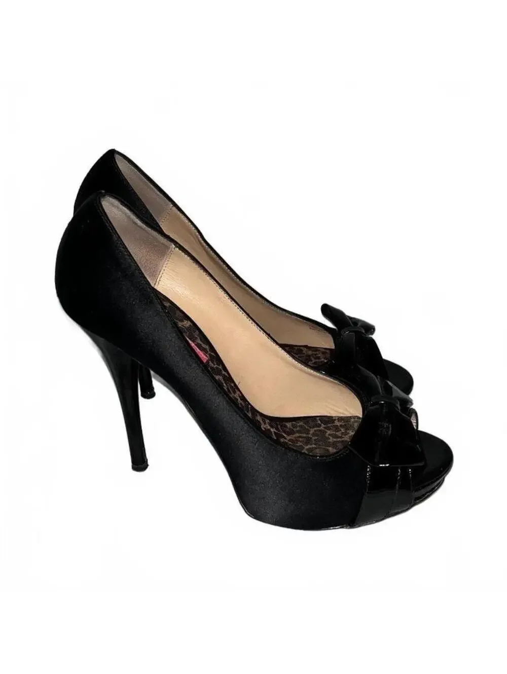 Betsey Johnson Black Satin Peep Toe Heels with Bow Detail Size 9.5